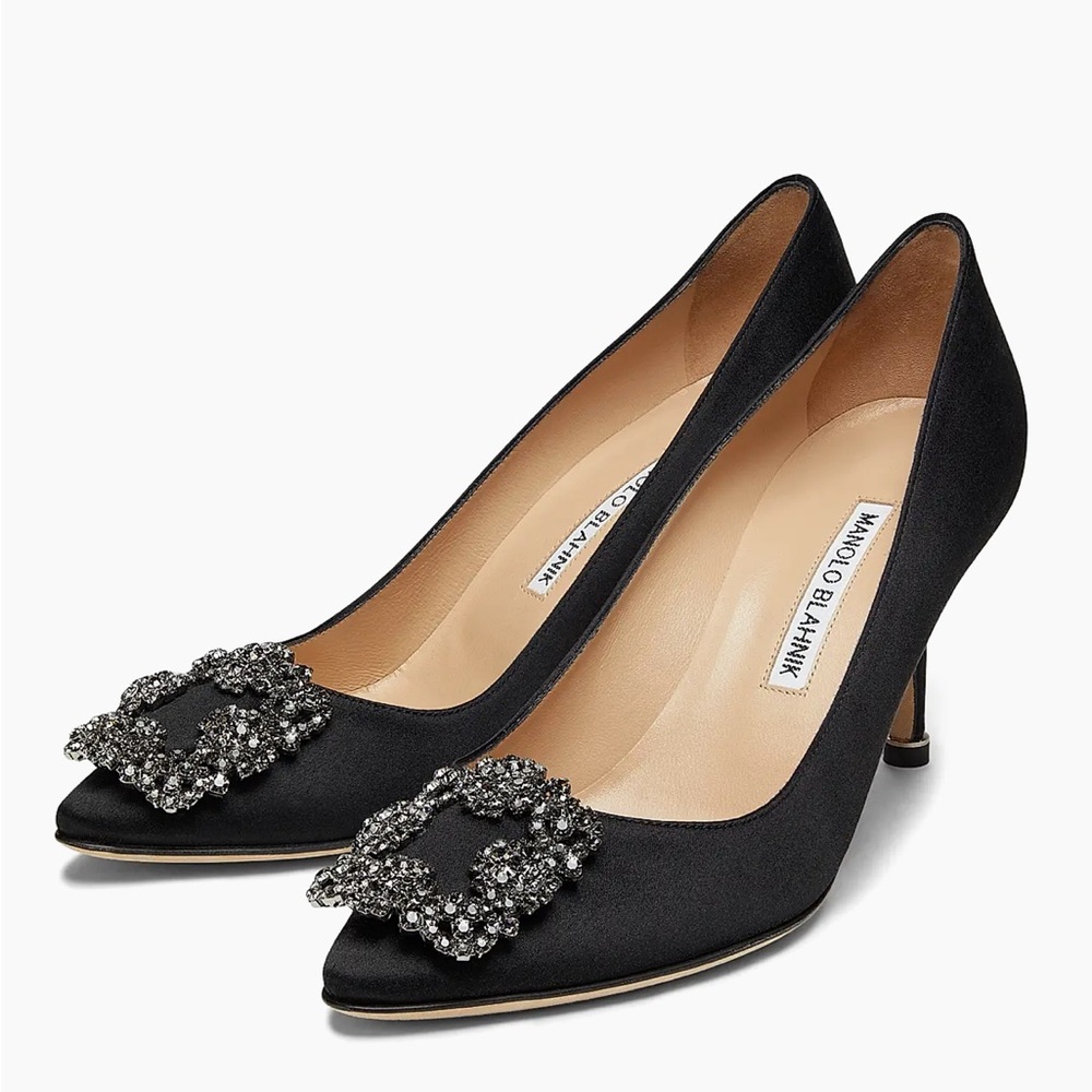 Manolo Blahnik Hangisi Black Satin Crystal Buckle Pumps 70mm Size 38.5, 8.5